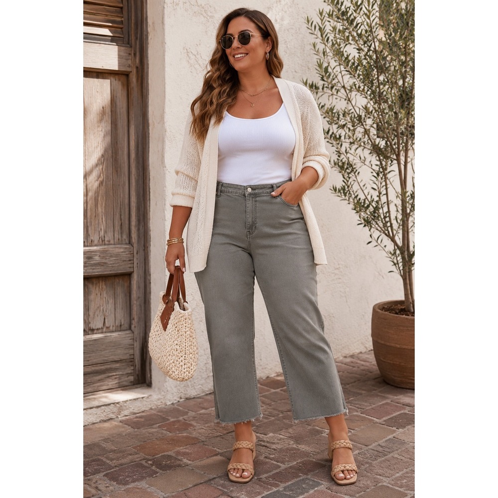 Judy Blue Harvey Women's Size 20W Olive High Rise Wide Leg Crop Raw Hem Jeans